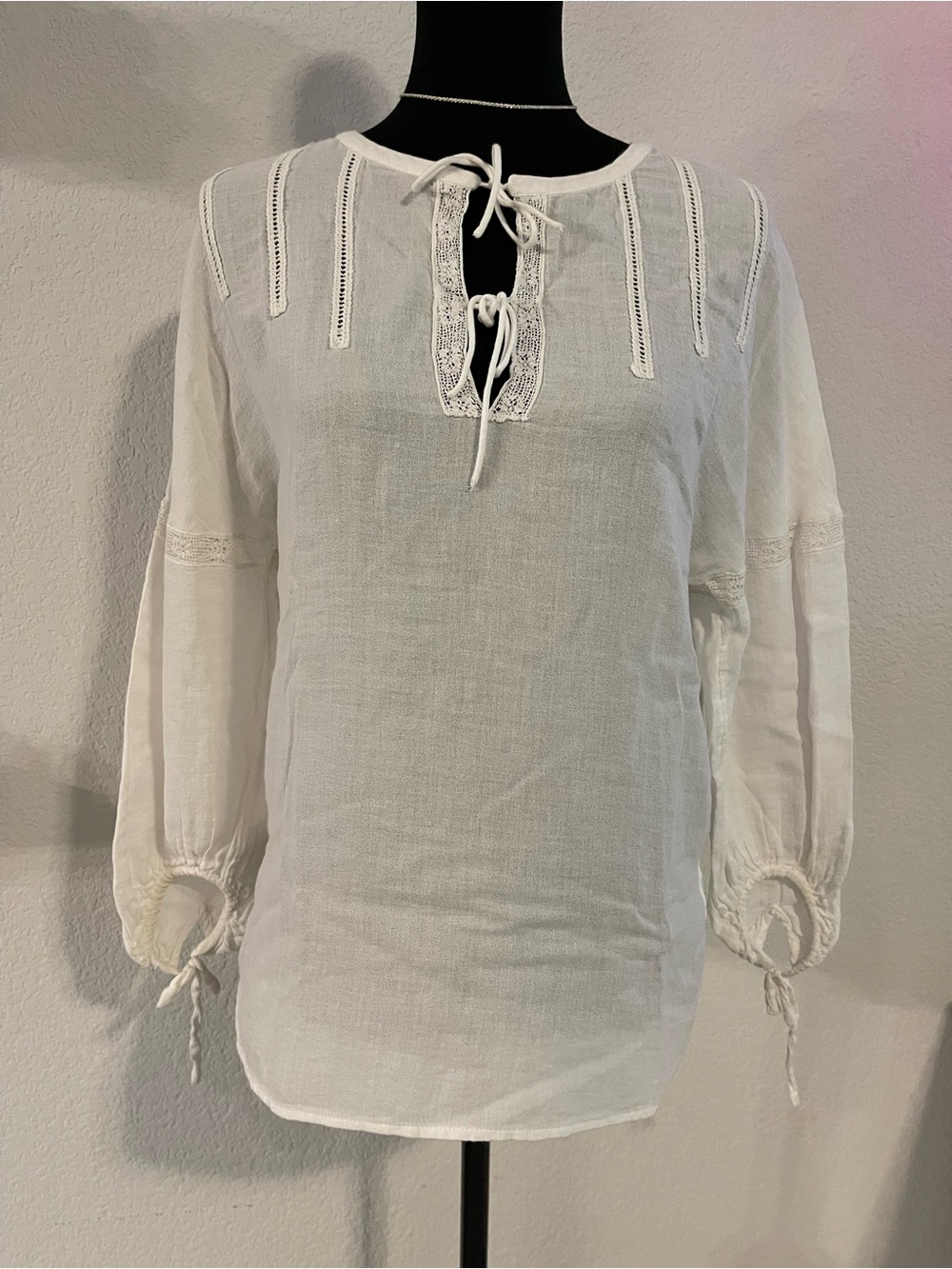 Women's White Lace-Trim Tie-Neck Peasant Blouse